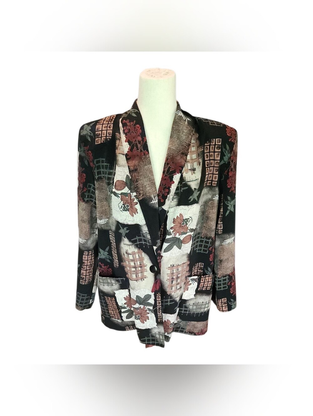 Vintage 80s Dark Floral Power Blazer Earthy Art Teacher autumn Patchwork p/L